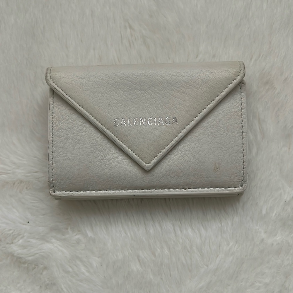 BALENCIAGA Everyday Mini Papier Leather Trifold Wallet white
